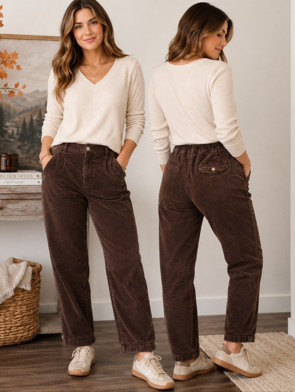 Vintage Brown Corduroy Pants Womens Size 32x28 High Rise Straight Leg Casual Fal